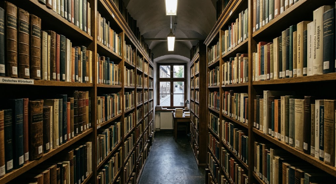 Schmaler Gang zwischen hohen Bücherregalen eines Bibliotheksmagazins, dicht gefüllt mit gebundenen Bänden, am Ende ein Arbeitsplatz am Fenster